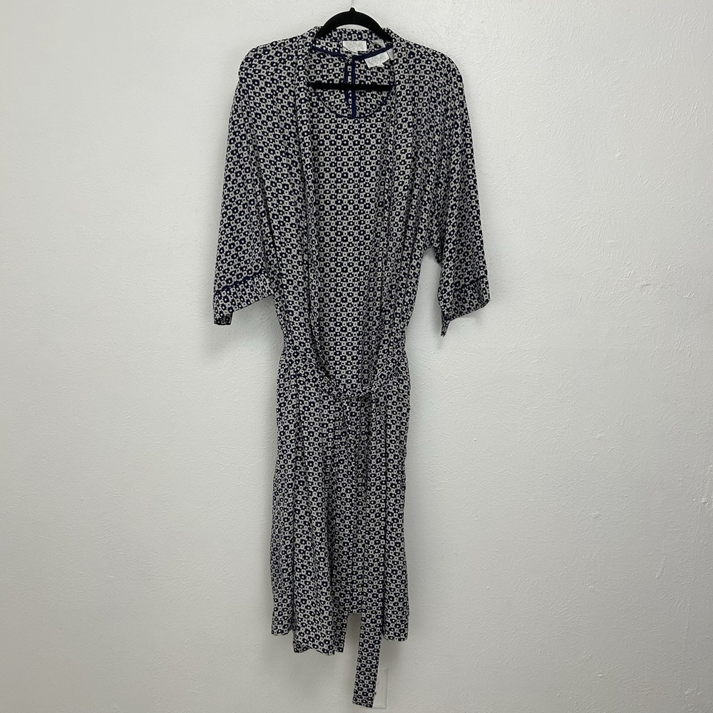Go Softly‎ Blue White Geometric Print 2 PC  Nightgown / Robe Sz M Pockets EUC